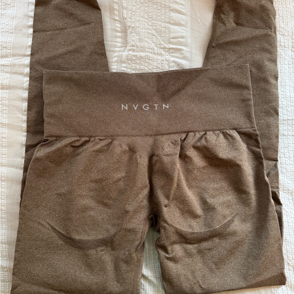 Taupe High-Rise Leggings with Stretchy Fabric and Text Detail